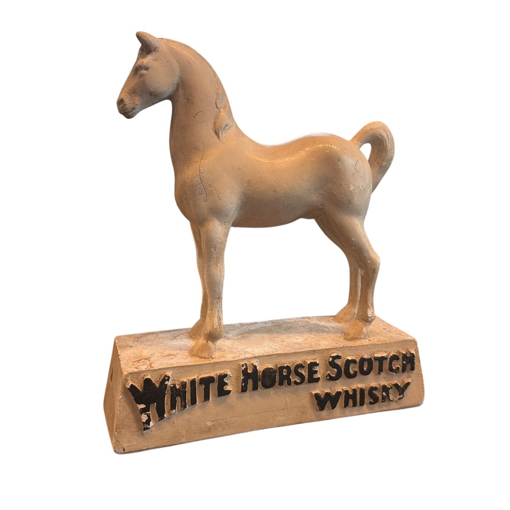 Vintage White Horse Scotch Whisky Chalkware Statue Bar Display Sign 9.5" As-Is